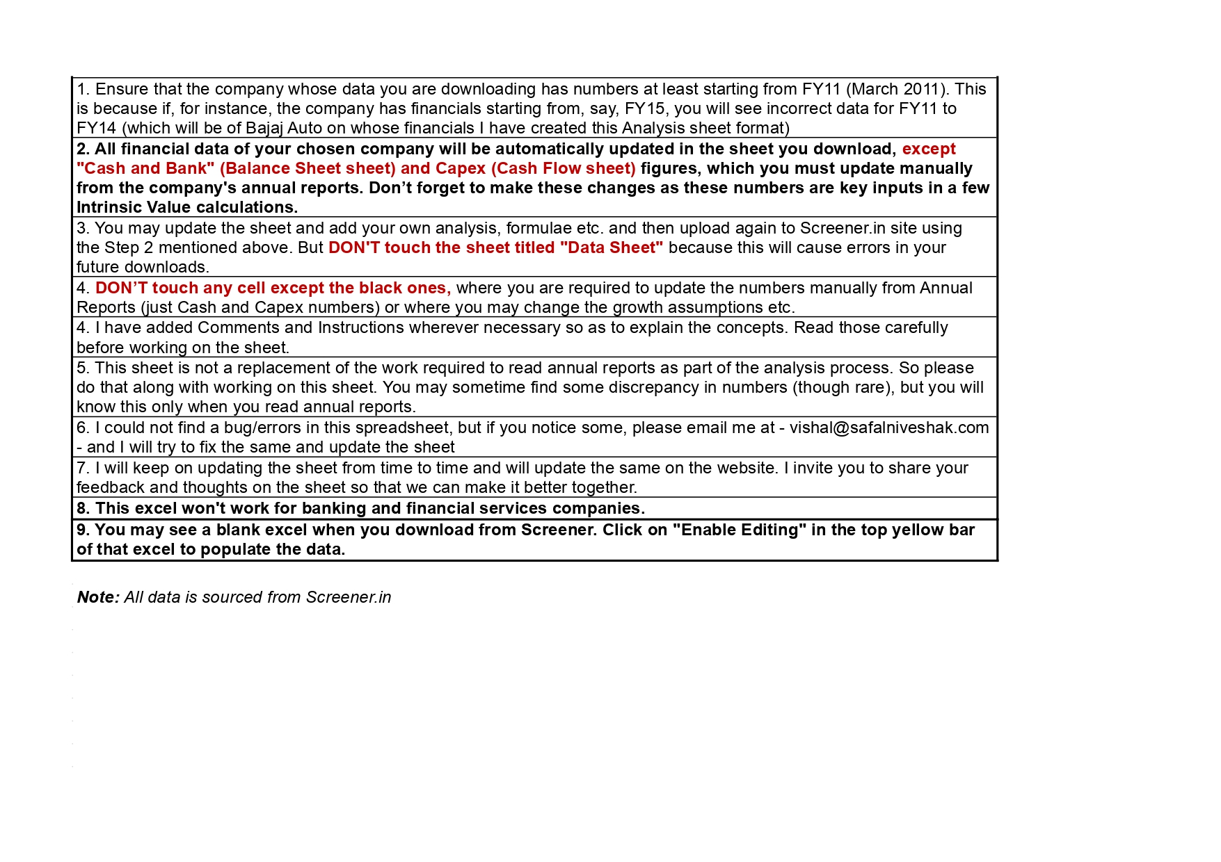 Safal Niveshak Stock Analysis Excel Template Version 5